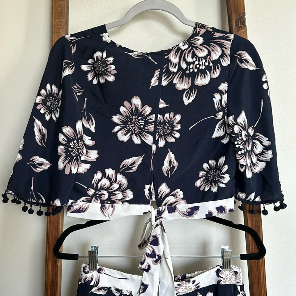 Band of Gypsies Two Piece Pom Pom Trim Mini Skirt and Kimono Style Crop Top Set